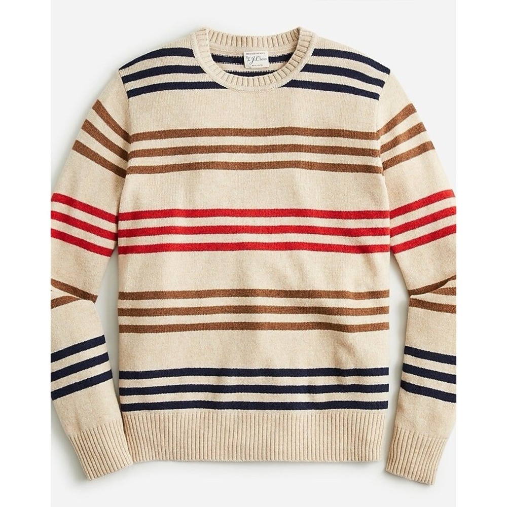 NWT J.‎ Crew Mens Sweater Rugged Merino Wool Blend Tan Stripe Crew Size L